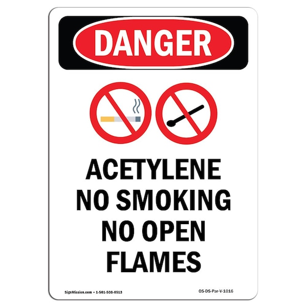 Safety Sign, OSHA Danger, 24" Height, Aluminum, Acetylene No Smoking, Portrait